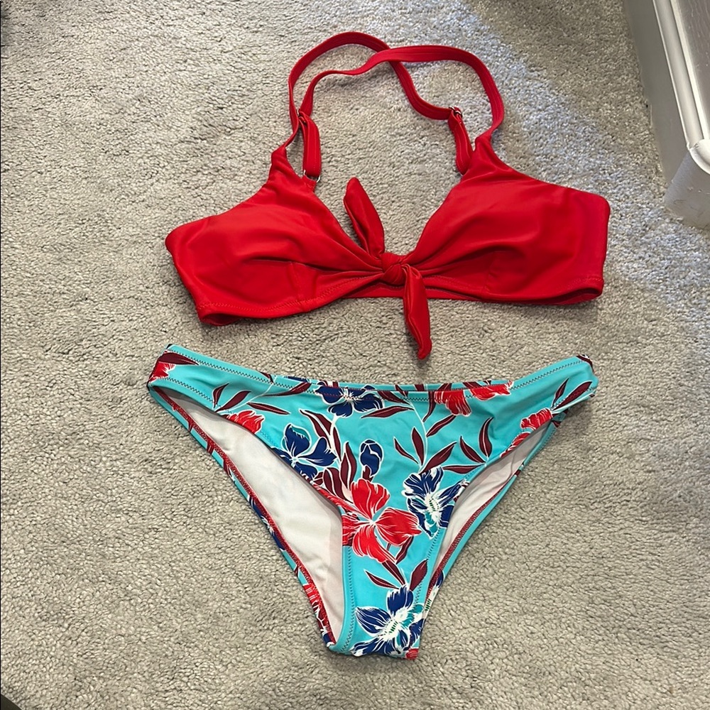 Red and Floral Bikini Set